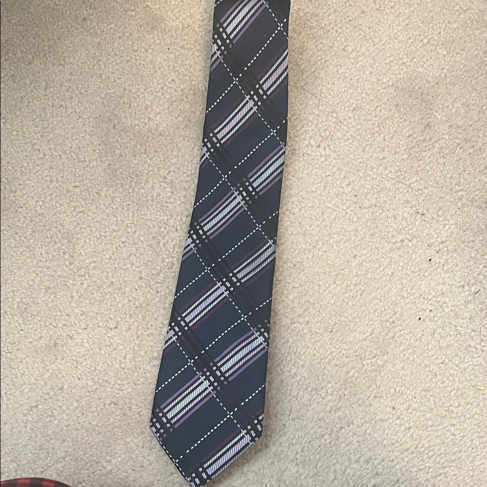 Navy Plaid Men's Tie with Purple Stripe Accents